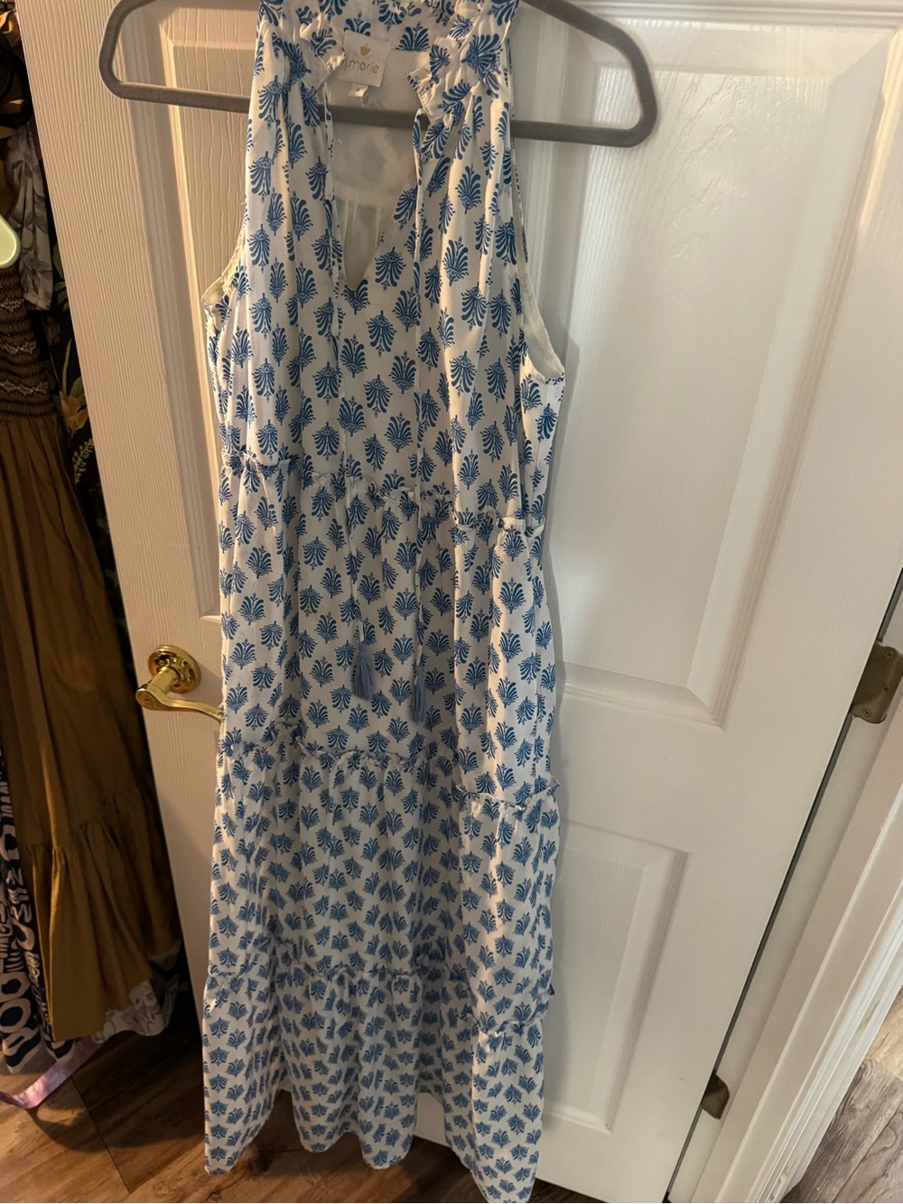 J marie Sleeveless Blue & White Printed Maxi Dress by MUD PIE